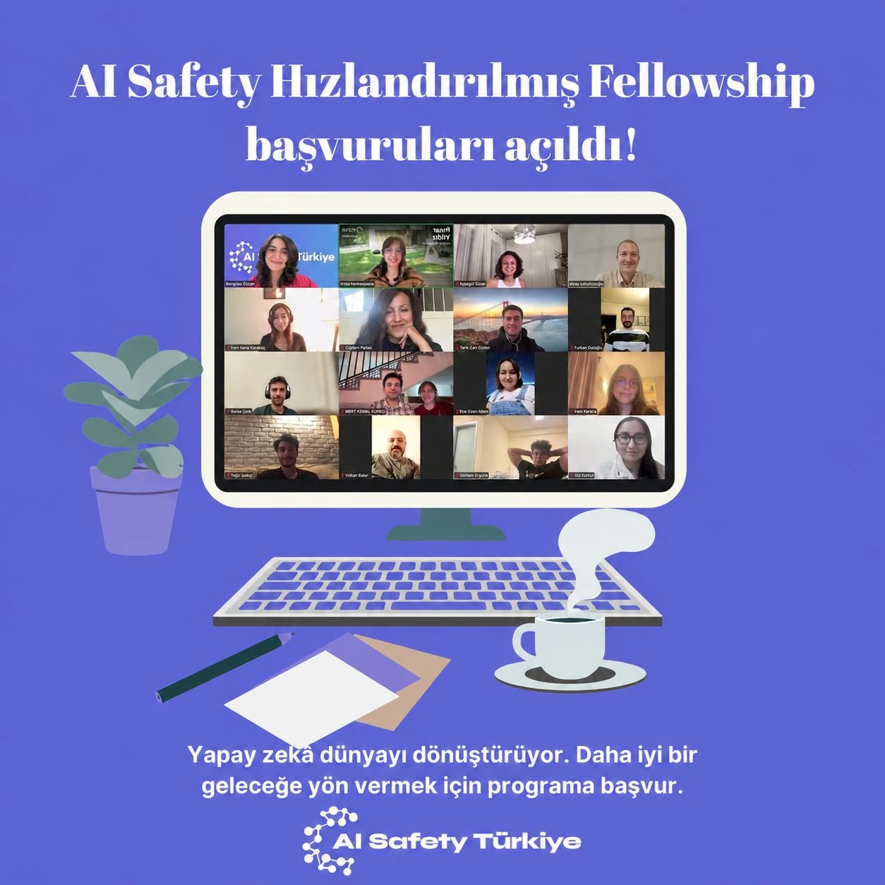 AI Safety Hızlandırılmış Fellowship başvurularını duyuran mor afiş.