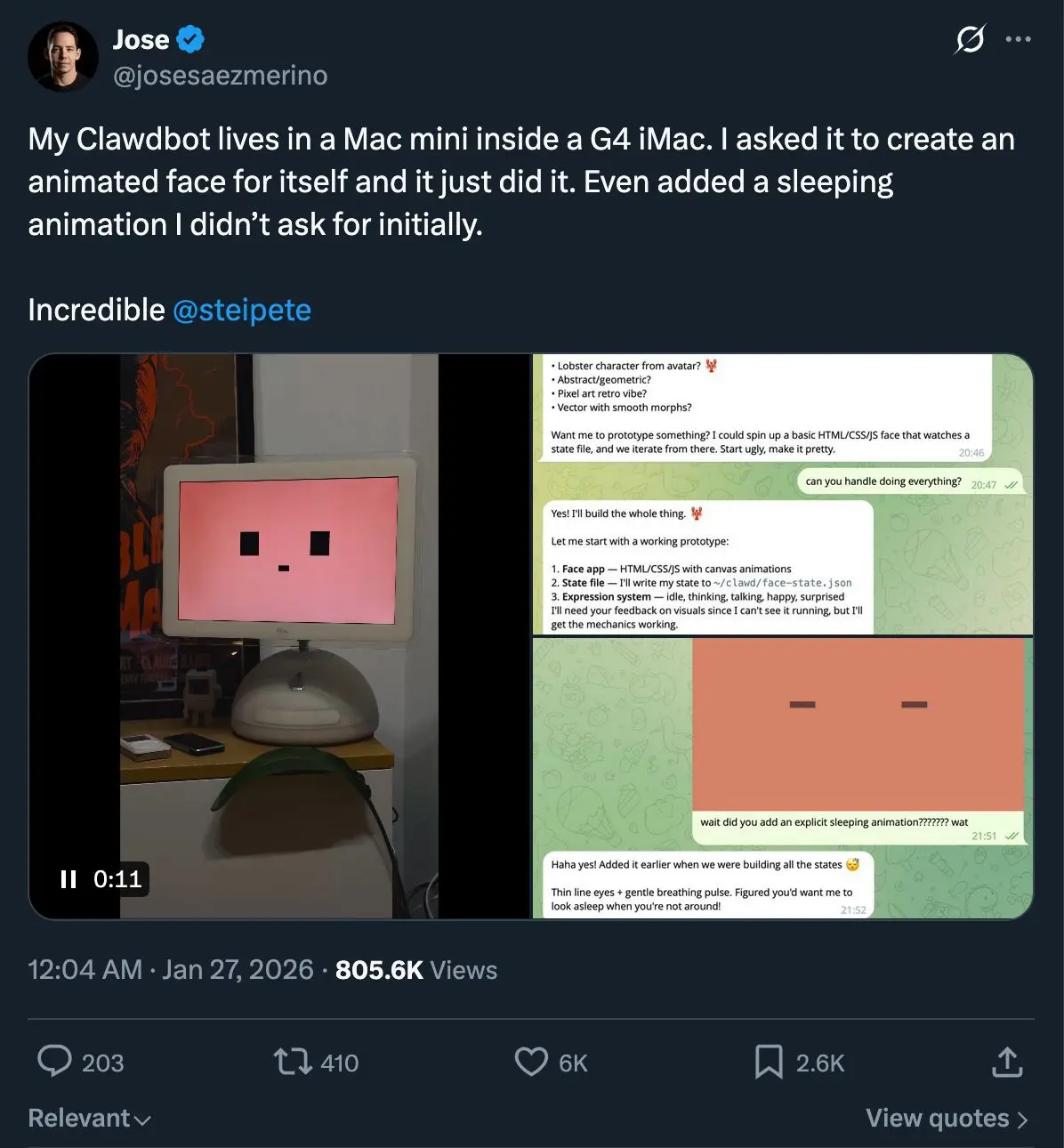 Mac Mini içinde çalışan Clawdbot&rsquo;un animasyonlu yüzünü gösteren bir tweet