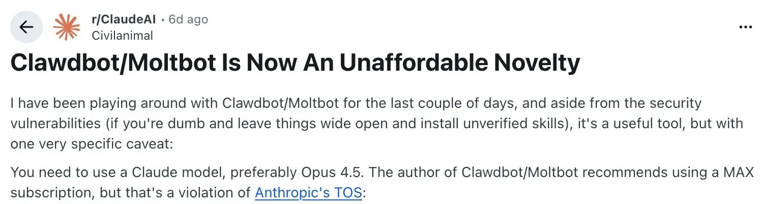 Clawdbot&rsquo;un yüksek maliyetini tartışan bir Reddit paylaşımı